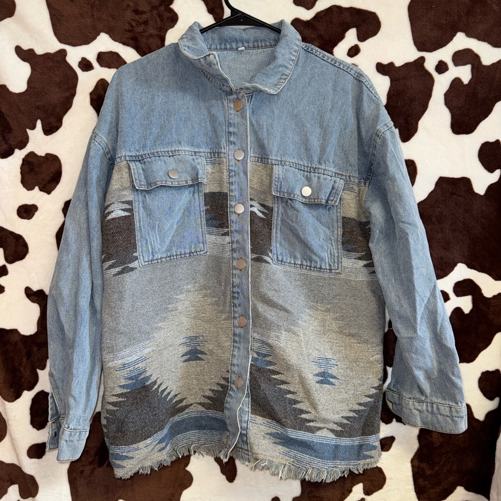Denim Jacket with Southwestern Pattern - Blue